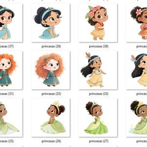 May include: A collection of watercolor illustrations of cartoon princesses in various dresses and hairstyles. Each princess has a unique look, with text labels below each image that reads "princesas" followed by a number.