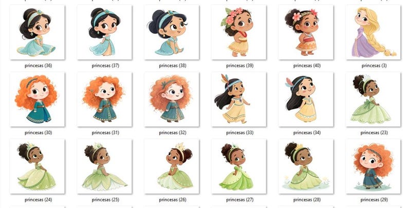 May include: A collection of watercolor illustrations of cartoon princesses in various dresses and hairstyles. Each princess has a unique look, with text labels below each image that reads "princesas" followed by a number.