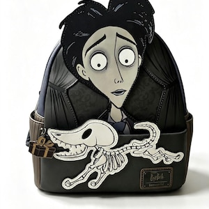 May include: A dark grey backpack featuring a large appliqué of a pale-skinned character with black hair and a smaller appliqué of a white skeleton dog. A small gift box charm hangs from the side, and a metal logo plate is attached to the front pocket.