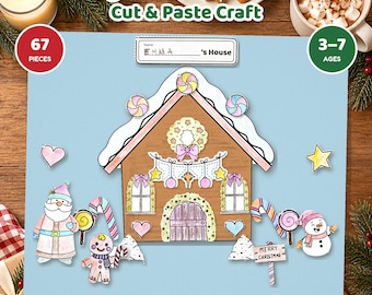 May include: A gingerbread house cut and paste craft kit featuring a brown house with white icing, pink accents, a wreath, and garlands. Includes cutouts of Santa, a snowman, a gingerbread person, candy canes, and a sign reading Merry Christmas.
