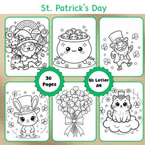 Puede incluir: Una colección de páginas para colorear del Día de San Patricio. Las páginas presentan ilustraciones de duendes, ollas de oro, tréboles, un conejo y un gato. El texto "St. Patrick's Day" está en la parte superior. Las páginas están etiquetadas como "30 páginas" y "US Letter A4".