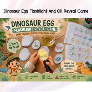 Juego imprimible de revelación de huevos de dinosaurio con linterna, actividad de descubrimiento oculto