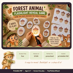 Könnte beinhalten: Ein Forest Animal Flashlight Reveal Game als druckbares PDF-Set mit eichelförmigen Karten, die versteckte Waldtiere enthalten. Das Spiel enthält Anleitungen, wie man die Tiere mit einer Taschenlampe oder einem Tropfen Öl sichtbar machen kann.