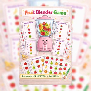 Könnte beinhalten: Ein farbenfrohes Fruit Blender Game-Set mit einer rosa Mixer-Illustration voller Früchte. Das Spiel enthält Rezeptkarten mit Fruchtdarstellungen und dem Text "Fruit Blender Game". Enthält US LETTER + A4 Formate.
