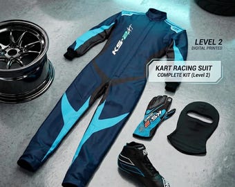 Go Kart Racing Suit Complete Kit, Level 2 Digital Printed Kart Suit, Racing Gloves, Kart Shoes, Free Balaclava, Custom Racewear