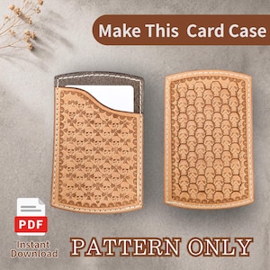 May include: Two tan leather card cases featuring a repeating embossed skull pattern. The left case has a curved top opening, while the right case is rectangular. Text reads: Make This Card Case, PDF, Instant Download, PATTERN ONLY.