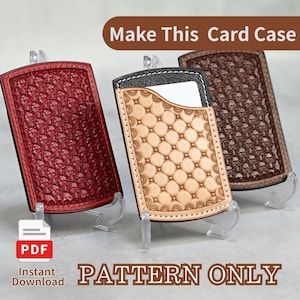 May include: Three rectangular card cases displayed on clear stands. One is deep red with a skull pattern, one is tan with a tufted quilted texture, and one is dark brown with a skull pattern. Text reads: Make This Card Case, PDF, Instant Download, PATTERN ONLY.