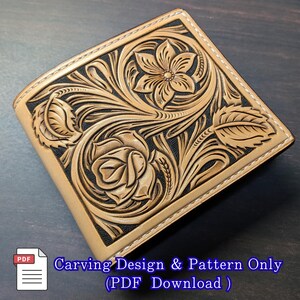 Puede incluir: Cartera de cuero color canela con un diseño floral tallado. La cartera presenta un patrón detallado de rosas, hojas y otros elementos florales. El texto "Carving Design & Pattern Only (PDF Download)" es visible.