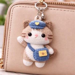 Könnte beinhalten: Gehäkelter Katzen-Schlüsselanhänger in Braun, Weiß und Blau. Die Katze trägt einen blauen Hut und eine blaue Umhängetasche mit einem gelben Umschlag. Der Schlüsselanhänger ist an einer beigen Geldbörse mit goldenem Reißverschluss befestigt.