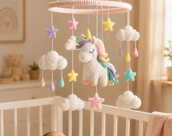 Pastel Unicorn Yarn Mobile with Glitter Star Accents and Rainbow Mane