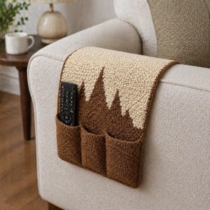 Thai Temple Silhouette Crochet Couch Arm Organizer, Handmade Sofa Remote Holder, Unique Living Room Textile Storage