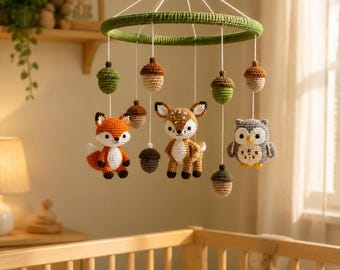 Enchanted Acorn Forest Hanging, Crochet Woodland Creature Mobile, Whimsical Autumn Baby Room Sculpture