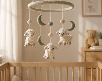 Crochet Lambkins and Crescent Moon Hanging Sculpture for Peaceful Sleep