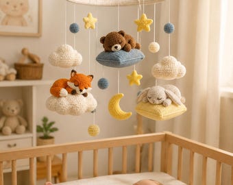 Snuggle Club Crochet-mobiel, slaperige dierenvrienden rustend op pluche wolkenkussens voor een grappige kinderkamer