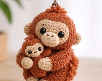 Sweet Orangutan Mom Baby Amigurumi Keychain - Rainforest Wildlife Art, New Mom Keepsake Gift