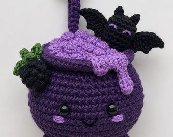 Blackberry Bat Crochet Charm, Dark Academia Witchy Brew Accessory, Whimsical Halloween Bag Ornament for Spellcasters