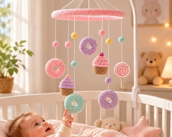 Crochet Dessert Galaxy Hanging Mobile, Whimsical Donut and Lollipop Nursery Art, Sweet Treat Pastel Crib Spinner