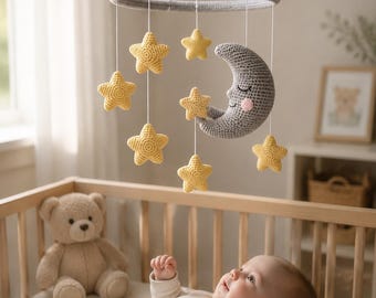 The Moon Chose You Crochet Celestial Mobile – Whimsical Starry Night Nursery Art