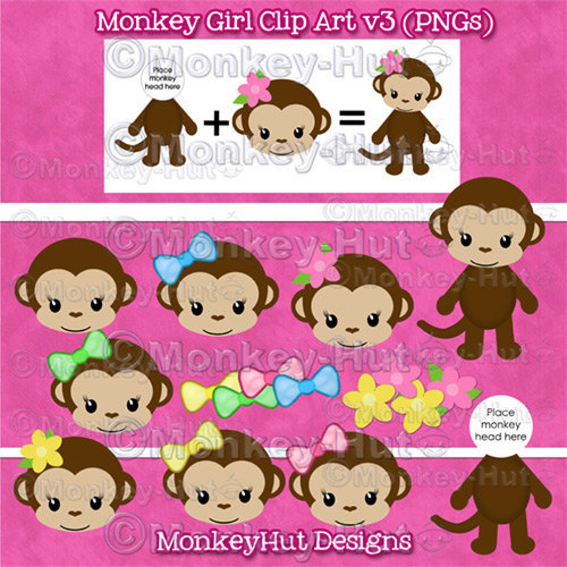Monkey Girl Clip Art set v3 pink yellow green blue heads & | Etsy