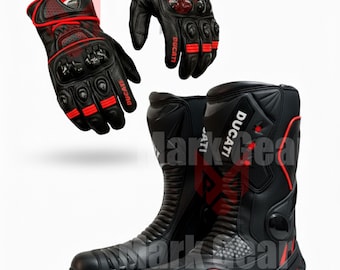 Ducati Boots and Gloves Set: Motorbike Bikers Leather Racing Gloves and Boots Pair (Duty Free Service)