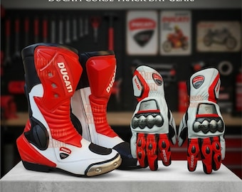Ducati Red White Boots and Gloves Set: Biker Boots Custom Motorbike Gloves track Gear Racing Gloves and Shoes Pair (Duty Paid Service)