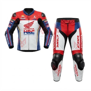 Könnte beinhalten: Ein rot-weiß-blauer Motorrad-Rennanzug bestehend aus Jacke und Hose. Die Jacke zeigt Honda- und HRC-Logos, Repsol-Embleme und schwarze Schulterprotektoren. Die passende Hose trägt Honda- und CBR-Schriftzüge sowie schwarze Knieschleifer.