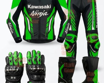 Kawasaki Ninja Racing Suit Boots Handschuhe Set Motorrad: Custom Biker Motorrad Street Track Gear Lederkombi Schuhe Handschuhe