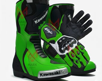 Kawasaki Ninja Motorcycle Mens Boots and Gloves: Handmade Bikers Leather Racing Shoes and Gloves Pair (Duty Paid Service)