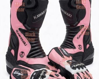 Kawasaki Ninja Motorcycle Mens Boots and Gloves: Handmade Bikers Leather Racing Shoes and Gloves Pair (Duty Paid Service)