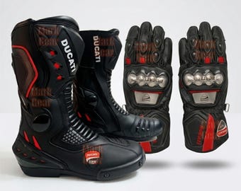 Ducati Boots and Gloves Set: Custom Biker Leather Motorcycle Street Track Gear Motorbike Racing Gloves Shoes Pair