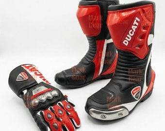 Conjunto de botas y guantes Ducati: Equipamiento personalizado de cuero para motociclistas, ideal para la calle y la pista. Guantes y zapatos para motociclistas de carreras (par).