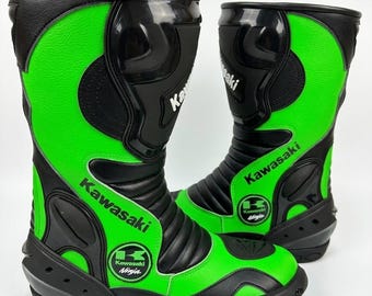 Kawasaki Ninja Motorcycle Mens Boots: Handmade Bikers Leather Motorbike Racing Shoes