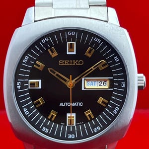 Męski zegarek na rękę Seiko Recraft z automatyczną tarczą ze stali nierdzewnej, z czarną tarczą, z datą i dniem tygodnia, wyprodukowany w Japonii, w stanie roboczym, vintage