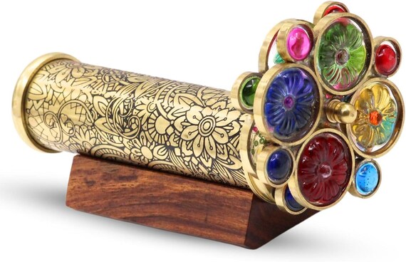 Etched Floral Brass Kaleidoscope with Dual Wheels & Wood Stand