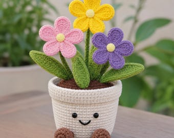 handgemachter Häkelblumenkorb,Mini Blumenstrauß Muster,süße Häkelpflanze,Häkelblumen Dekoration, Amigurumi Decke Muttertagsgeschenk