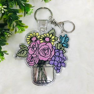 Rose Snap Tab Embroidery Design, Daisy In the Hoop ITH Machine Embroidery Design, Keychain Keyring Embroidery, Flower Jar Embroidery