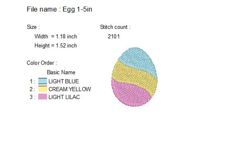 May include: An embroidered Easter egg design with light blue, cream yellow, and light lilac sections. The egg is 1.18 inches wide and 1.52 inches high. The design has a stitch count of 2101.