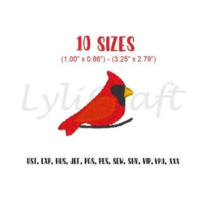 May include: Red cardinal bird embroidery design in 10 sizes, from 1.00 inches by 0.86 inches to 3.25 inches by 2.79 inches.  The design is available in DST, EXP, HUS, JEF, PCS, PES, SEW, SHV, VIP, VP3, and XXX file formats.