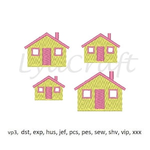 May include: Four yellow houses with pink doors and windows. The houses are arranged in a square pattern.