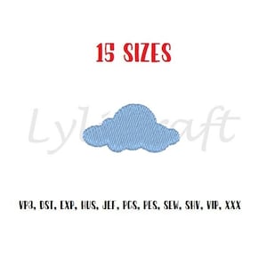 May include: A blue cloud embroidery design in 15 sizes. The design is available in VP3, DST, EXP, HUS, JEF, PCS, PES, SEW, SHV, VIP, and XXX formats.