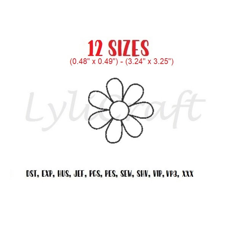 Puede incluir: Un dibujo lineal en blanco y negro de una flor de margarita. La imagen incluye el texto "12 SIZES" en rojo, con dimensiones que van desde 1,22 cm x 1,24 cm hasta 8,23 cm x 8,26 cm. La imagen tambi&eacute;n incluye el texto "Lylouft" y varias abreviaturas de formato de archivo.