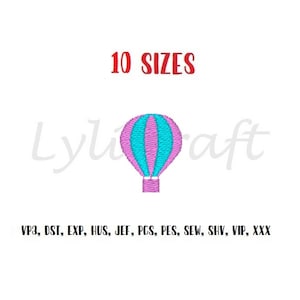 Puede incluir: Un diseño de bordado de globo aerostático rosa y azul en 10 tamaños. El diseño está disponible en los formatos VP3, DST, EXP, HUS, JEF, PCS, PES, SEW, SHV, VIP y XXX.