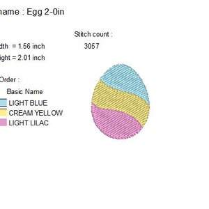 May include: An embroidered Easter egg design. The egg is divided into three horizontal sections: light blue, cream yellow, and light lilac. The design is 1.56 inches wide and 2.01 inches high.