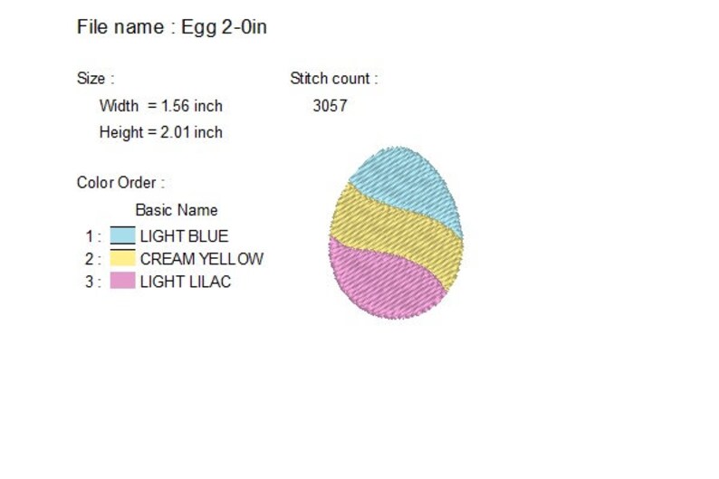 May include: An embroidered Easter egg design. The egg is divided into three horizontal sections: light blue, cream yellow, and light lilac. The design is 1.56 inches wide and 2.01 inches high.