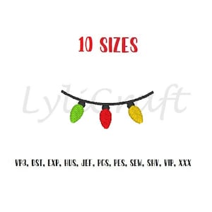 May include: An embroidered design of three Christmas lights in green, red, and yellow, strung on a black wire. The text "10 SIZES" is in red above the lights. Below the lights are the file types: VP3, DST, EXP, HUS, JEF, PCS, PES, SEW, SHV, VIP, XXX.