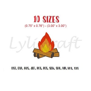 May include: Embroidered design of a campfire with orange flames and brown logs. The design is available in 10 sizes, ranging from 0.75 inches to 3 inches. The text "10 SIZES" and "(0.75" x 0.76") - (3.00" x 3.00")" is also included in the image. The text "Lylioraft" is in the background. The text "DST, EXP, HUS, JEF, PCS, PES, SEW, SHV, VIP, VP3, XXX" is at the bottom of the image.
