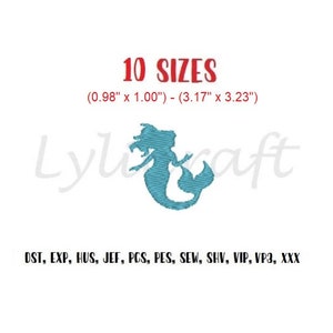 Può includere: Un disegno di sirena turchese con il testo "10 TAGLIE" e dimensioni (2,49 cm x 2,54 cm) - (8,05 cm x 8,20 cm). L'immagine include anche il testo "Lylcraft" e formati di file di ricamo.