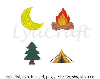 Mini Moon Embroidery, Small Campfire Embroidery, Mini Pine Tree Embroidery, Small Camping Tent Embroidery, Summer Machine Embroidery Designs