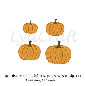 May include: Four embroidered pumpkin designs in various sizes. The pumpkins are orange with green stems. The designs are perfect for fall crafts and decorations.
