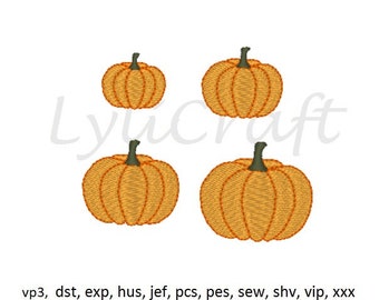 May include: Four embroidered pumpkin designs in various sizes. The pumpkins are orange with green stems. The designs are perfect for autumn crafts and decorations.
